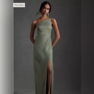 BHLDN Dylan One-Shoulder Satin Side-Slit Gown | Moss | Size 4